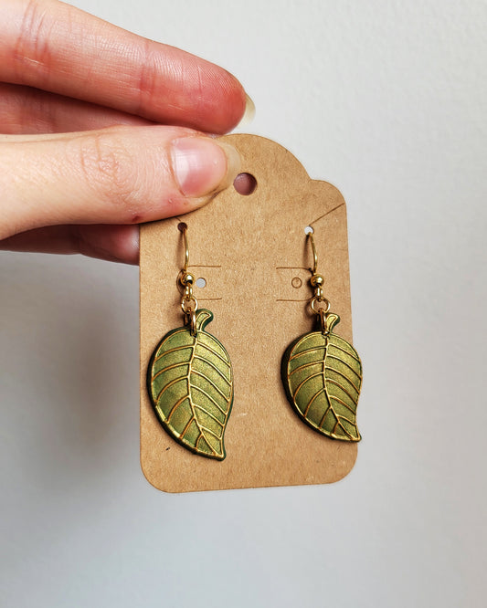 Gold Beech Leaves Earrings / Copper or Green