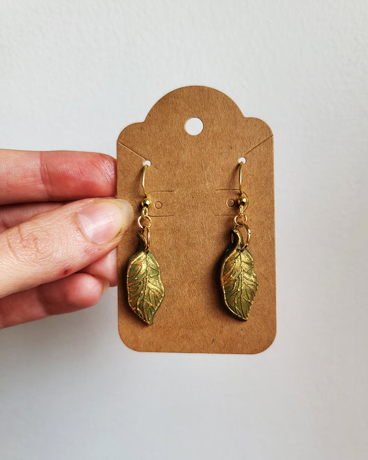 Gold Goat Willow Leaves Earrings / Copper or Green