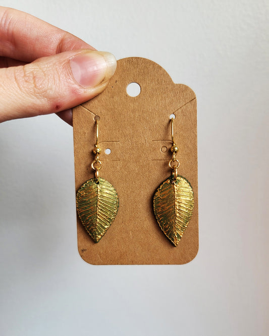 Gold Birch Leaves Earrings / Copper or Green