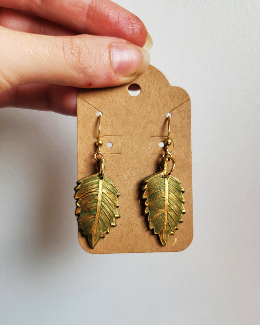 Gold Nettle Leaves Earrings / Copper or Green